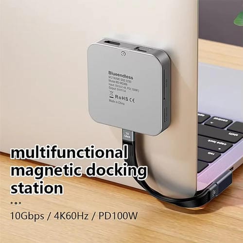 Concentrador Magnético 8 en 1 Blueendless con Carcasa SSD M.2 Nvme/Sata HDMI PD 100W USB-C 3.2 USB-A 3.2 SD TF Aux