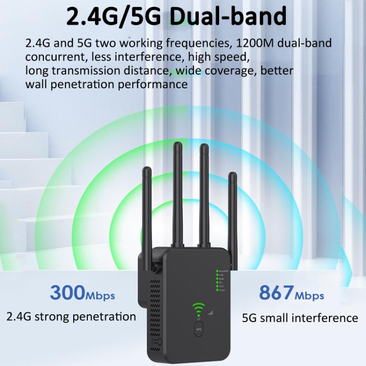 Repetidor Inalámbrico Urant U10 1200 Mbps 2,4 G y 5,8 G Amplificador Señal WIFI 4 Antenas Enchufe Estadounidense (Negro)