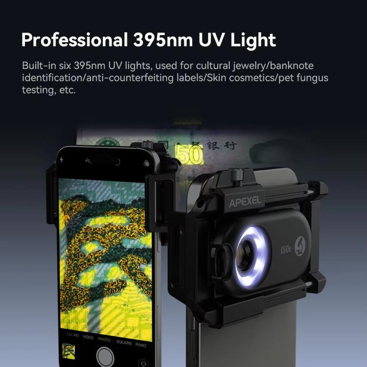 Microscopio portátil Apexel Apl-Ms150 150X con Lente para teléfono celular y luces Led/Uv (Negro)