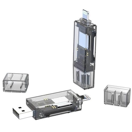 Adaptador OTG Lector de Tarjetas Transparente USB y 8 Pines a SD/TF para PC, Portátil y Teléfono Inteligente