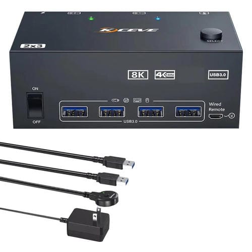 Conmutador KVM KCEVE KC-KVM204DH de 2 entradas y 4 salidas, 8K, 60 Hz, para 2 ordenadores y 4 monitores, enchufe estadounidense