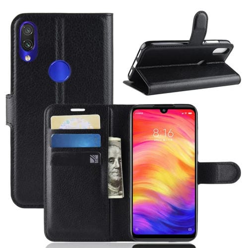 Funda de Cuero con Tapa Horizontal con Textura Litchi para Xiaomi Redmi Note 7, con Billetera, Soporte y Ranuras para Tarjetas (Negro)