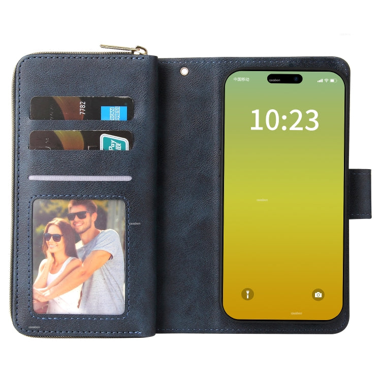 Para iPhone 15 9 Ranuras para Tarjetas Cartera con Cremallera Funda de Cuero para Teléfono (Azul) - MOVILSTORE