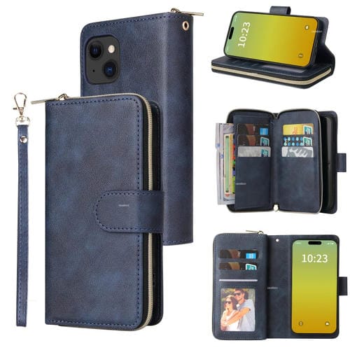 Para iPhone 15 9 Ranuras para Tarjetas Cartera con Cremallera Funda de Cuero para Teléfono (Azul) - MOVILSTORE