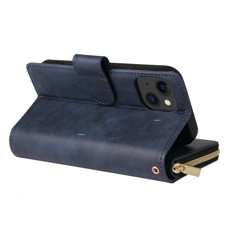 Para iPhone 15 9 Ranuras para Tarjetas Cartera con Cremallera Funda de Cuero para Teléfono (Azul) - MOVILSTORE