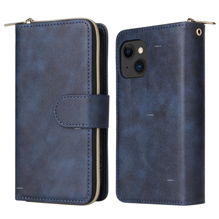 Para iPhone 15 9 Ranuras para Tarjetas Cartera con Cremallera Funda de Cuero para Teléfono (Azul) - MOVILSTORE