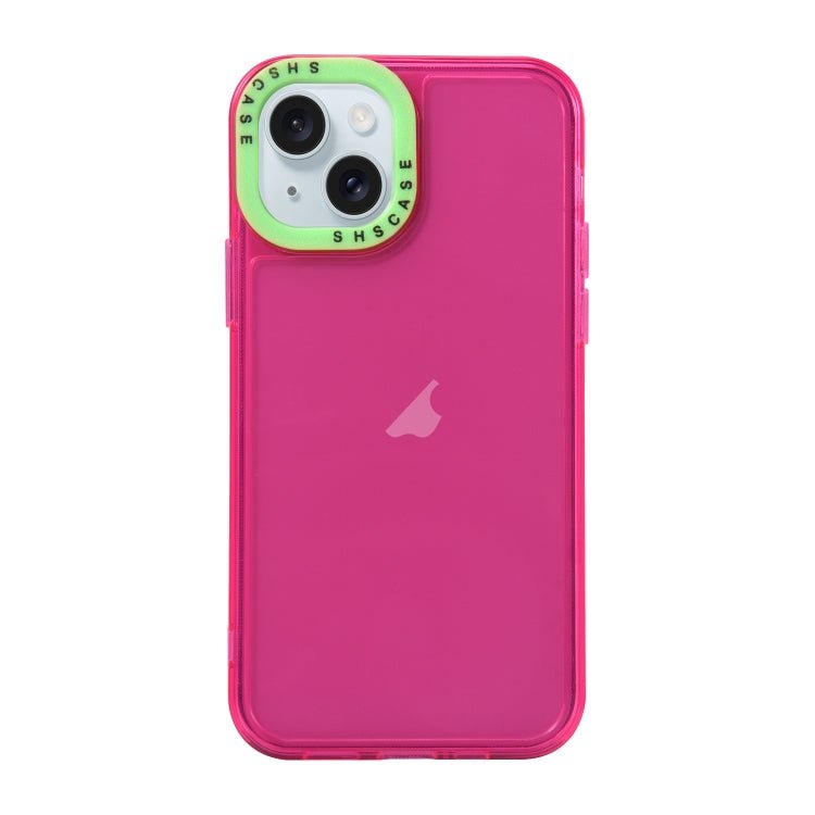 Para iPhone 15 Caja de Teléfono de TPU Transparente con Marco de Lente de Contraste de Color (Rojo Rosa + Verde) - MOVILSTORE