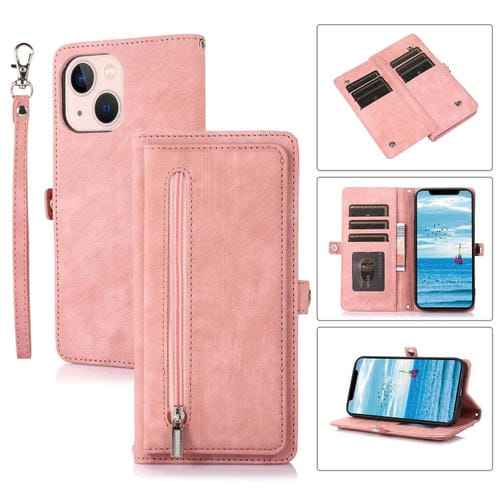 Para iPhone 15 Cremallera Ranura para Tarjeta Hebilla Monedero Funda de Cuero para Teléfono (Rosa) - MOVILSTORE