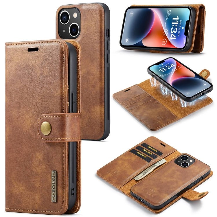 Para iPhone 15 Dg.Ming Funda para Teléfono de Cuero Magnético Desmontable con Textura Crazy Horse (Marrón) - MOVILSTORE