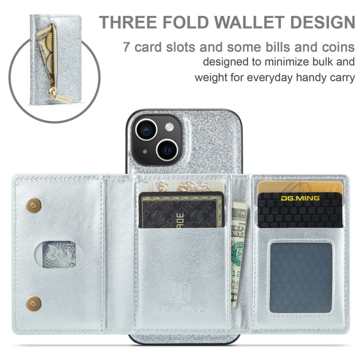 Para iPhone 15 Dg.Ming M3 Series Glitter Powder Card Bag Funda de Cuero para Teléfono (Plata) - MOVILSTORE