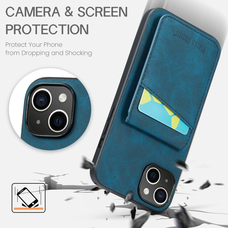 Para iPhone 15 Fierre Shann Crazy Horse Titular de la Tarjeta Contraportada Funda para Teléfono Pu (Azul) - MOVILSTORE