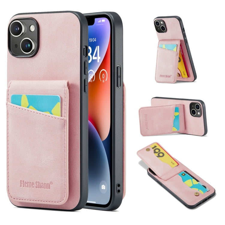 Para iPhone 15 Fierre Shann Crazy Horse Titular de la Tarjeta Contraportada Funda para Teléfono Pu (Rosa) - MOVILSTORE