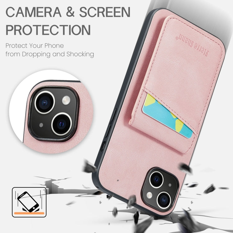 Para iPhone 15 Fierre Shann Crazy Horse Titular de la Tarjeta Contraportada Funda para Teléfono Pu (Rosa) - MOVILSTORE