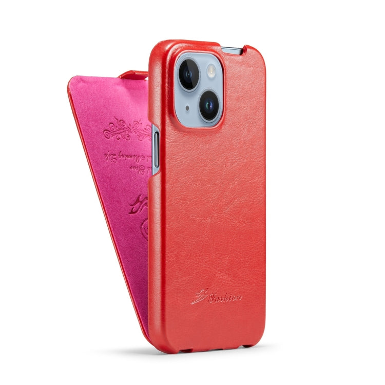 Para iPhone 15 Fierre Shann Oil Wax Texture Funda para Teléfono Pu con Tapa Vertical (Rojo) - MOVILSTORE