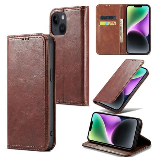 Para iPhone 15 Fierre Shann Vintage Bark Texture Wallet Funda de Cuero para Teléfono (Marrón) - MOVILSTORE