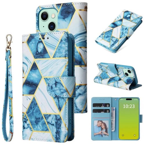 Para iPhone 15 Funda de Cuero con Costuras Bronceadoras de Mármol (Azul) - MOVILSTORE