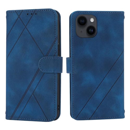 Para iPhone 15 Funda de Cuero con Línea En Relieve y Cordón (Azul) - MOVILSTORE