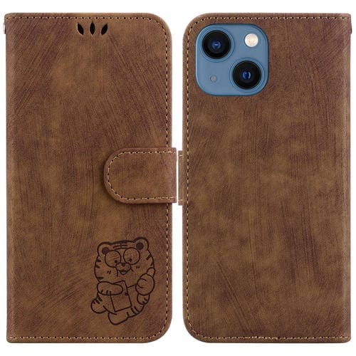 Para iPhone 15 Funda de Cuero con Relieve Little Tiger (Marrón) - MOVILSTORE