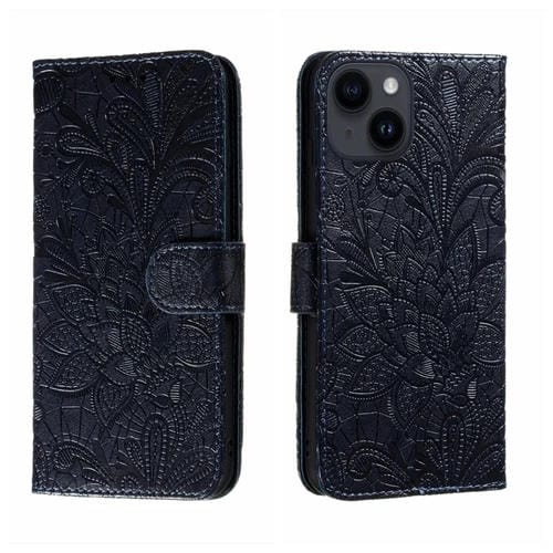 Para iPhone 15 Funda de Cuero con Tapa y Estampado de Flores de Encaje (Azul Oscuro) - MOVILSTORE