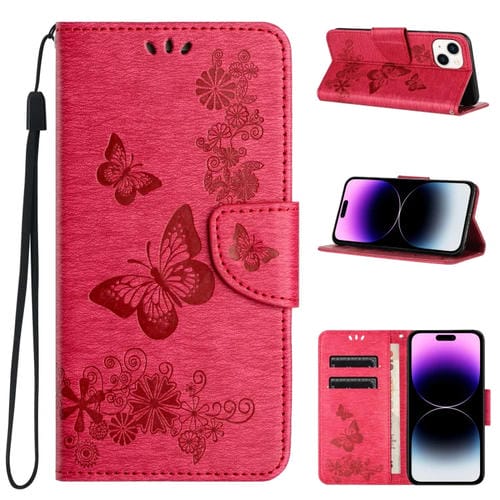 Para iPhone 15 Funda de Cuero con Tapa y Relieve de Mariposa (Rojo) - MOVILSTORE