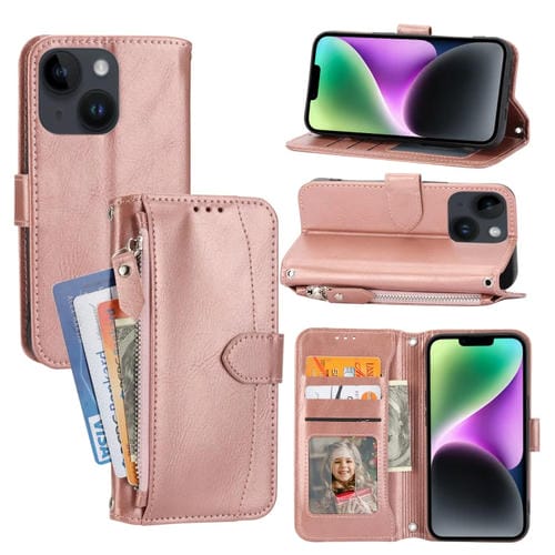 Para iPhone 15 Funda de Cuero para Teléfono con Billetera con Cremallera y Piel de Aceite (Oro Rosa) - MOVILSTORE