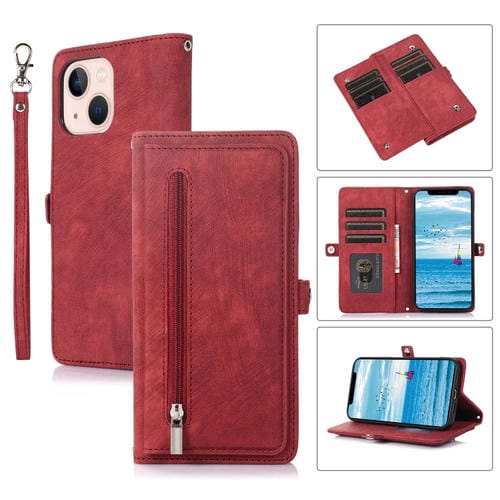 Para iPhone 15 Funda de Cuero para Teléfono con Billetera con Hebilla y Ranura para Tarjeta con Cremallera (Rojo) - MOVILSTORE