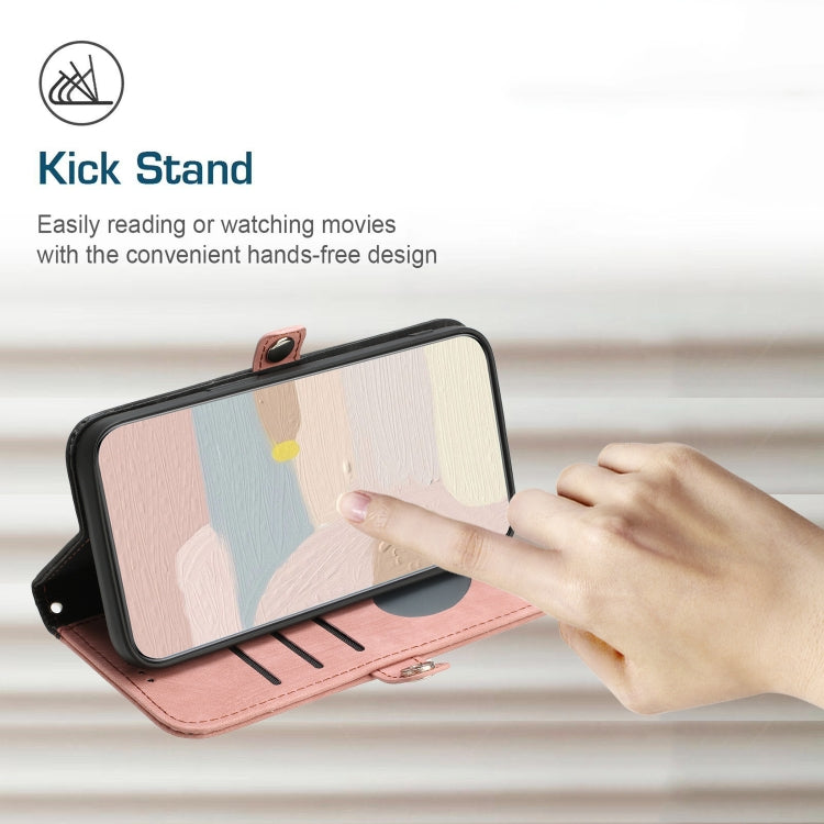 Para iPhone 15 Funda de Cuero para Teléfono con Correa de Mano con Doble Pliegue y Hebilla Lateral (Rosa) - MOVILSTORE