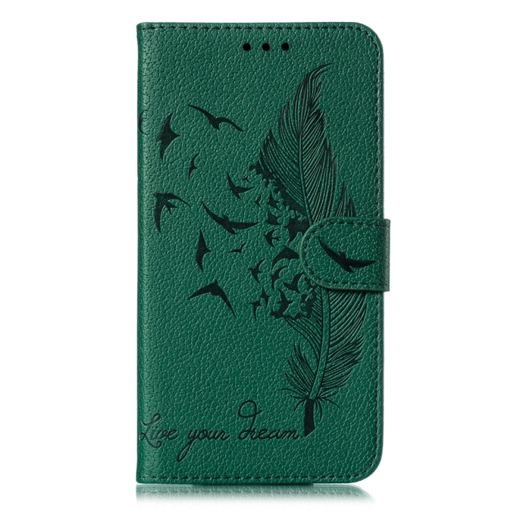 Para iPhone 15 Funda de Cuero para Teléfono con Textura Litchi con Patrón de Plumas (Verde) - MOVILSTORE