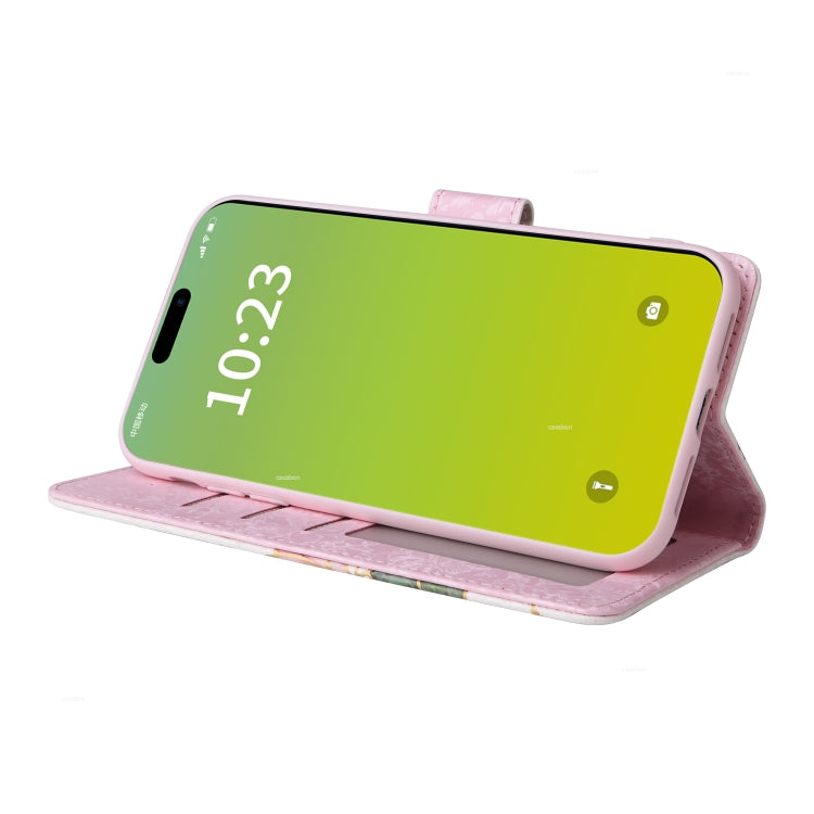 Para iPhone 15 Funda de Cuero Rfid con Pintura Bronceadora (Flor Rosa) - MOVILSTORE