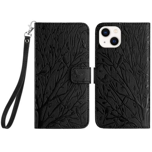 Para iPhone 15 Funda de Teléfono de Cuero con Patrón En Relieve de Pájaros de Árbol (Negro) - MOVILSTORE