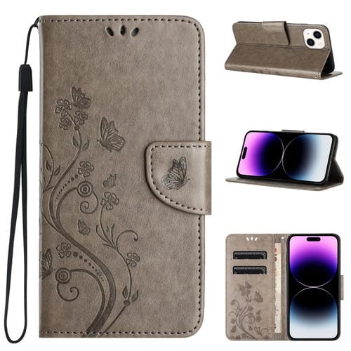 Para iPhone 15 Funda de Teléfono de Cuero con Tapa con Patrón de Flores de Mariposa (Gris) - MOVILSTORE