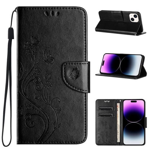 Para iPhone 15 Funda de Teléfono de Cuero con Tapa con Patrón de Flores de Mariposa (Negro) - MOVILSTORE