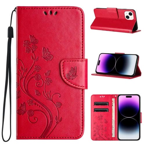 Para iPhone 15 Funda de Teléfono de Cuero con Tapa con Patrón de Flores de Mariposa (Rojo) - MOVILSTORE