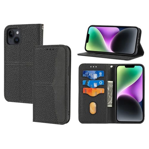 Para iPhone 15 Funda de Teléfono de Cuero Magnético con Costura de Textura Tejida (Negro) - MOVILSTORE