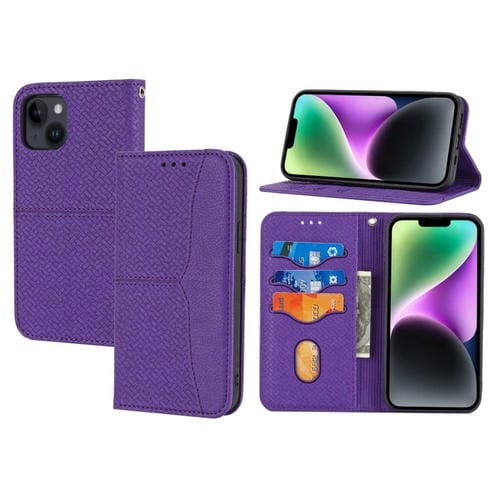 Para iPhone 15 Funda de Teléfono de Cuero Magnético con Costura de Textura Tejida (Púrpura) - MOVILSTORE