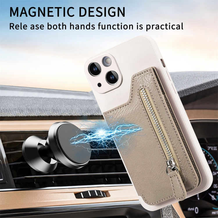 Para iPhone 15 Funda para Teléfono con Cremallera y Parte Trasera de Cuero a Prueba de Golpes (Caqui) - MOVILSTORE