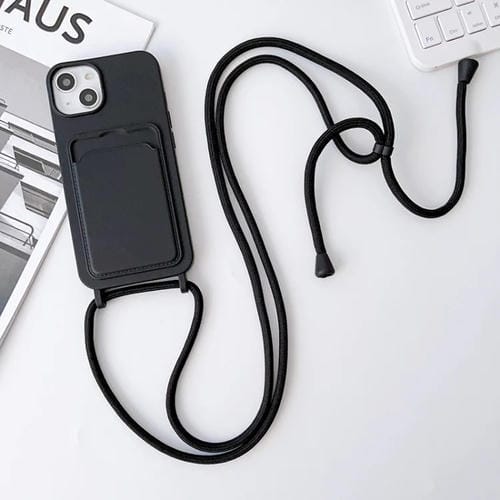 Para iPhone 15 Funda para Teléfono con TaRJetero de Silicona Elástica con Cordón Cruzado (Negro) - MOVILSTORE