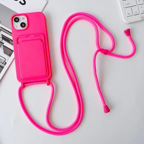 Para iPhone 15 Funda para Teléfono con TaRJetero de Silicona Elástica con Cordón Cruzado (Rojo Rosa) - MOVILSTORE
