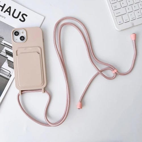 Para iPhone 15 Funda para Teléfono con TaRJetero de Silicona Elástica con Cordón Cruzado (Rosa) - MOVILSTORE