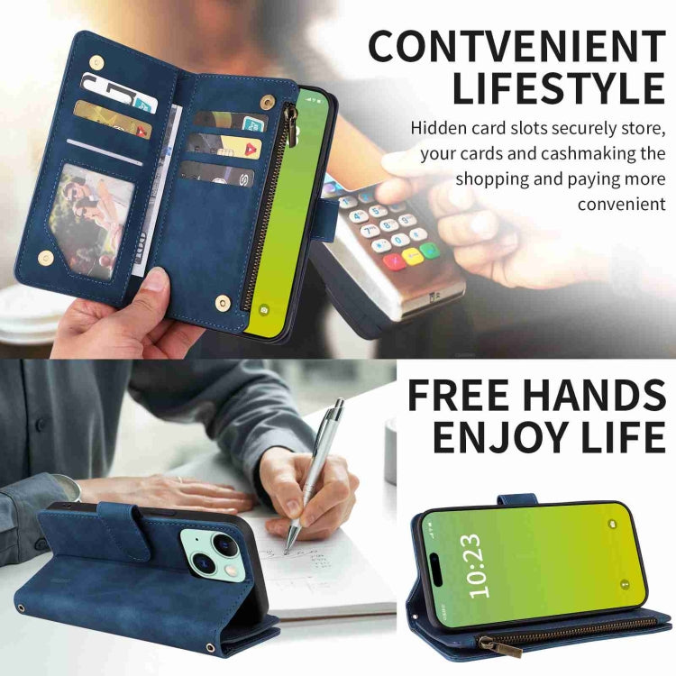 Para iPhone 15 Funda para Teléfono de Cuero con Cremallera y Ranura para Múltiples Tarjetas Cruzadas (Azul Oscuro) - MOVILSTORE