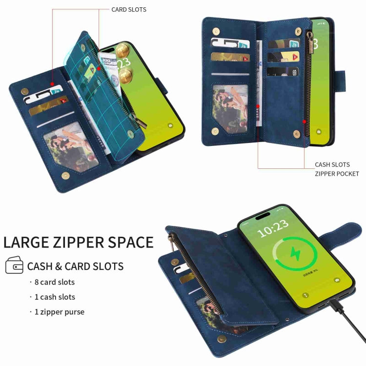 Para iPhone 15 Funda para Teléfono de Cuero con Cremallera y Ranura para Múltiples Tarjetas Cruzadas (Azul Oscuro) - MOVILSTORE