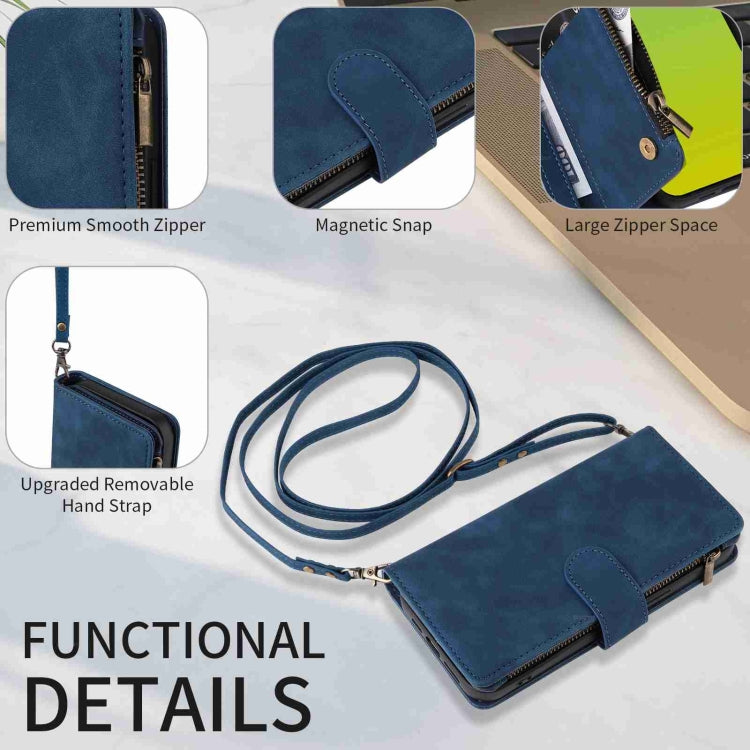 Para iPhone 15 Funda para Teléfono de Cuero con Cremallera y Ranura para Múltiples Tarjetas Cruzadas (Azul Oscuro) - MOVILSTORE