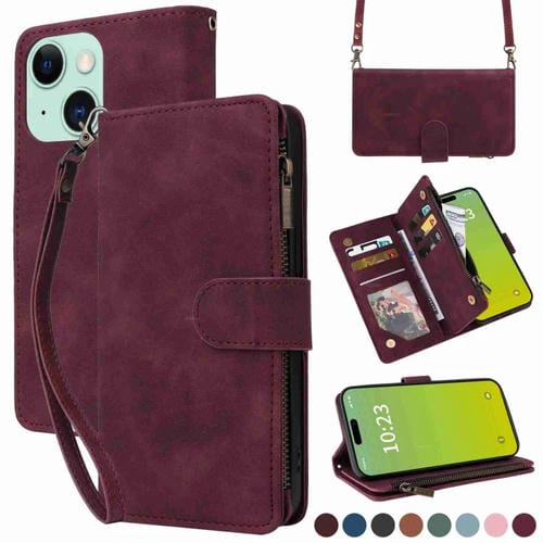 Para iPhone 15 Funda para Teléfono de Cuero con Cremallera y Ranura para Múltiples Tarjetas Cruzadas (Rojo Vino) - MOVILSTORE