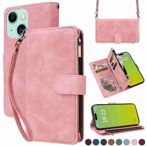 Para iPhone 15 Funda para Teléfono de Cuero con Cremallera y Ranura para Múltiples Tarjetas Cruzadas (Rosa) - MOVILSTORE