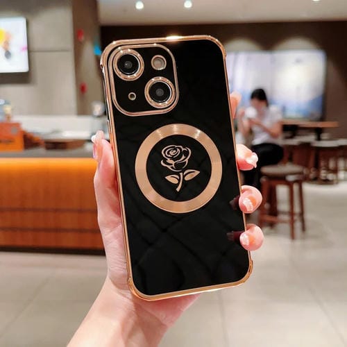 Para iPhone 15 Funda para Teléfono Magsafe con Flores y Rosas Laterales Electrochapadas (Negro) - MOVILSTORE