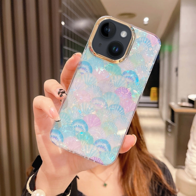 Para iPhone 15 Funda para Teléfono PC + TPU con Patrón de Concha de Cristal Colorido (Azul Festoneado) - MOVILSTORE