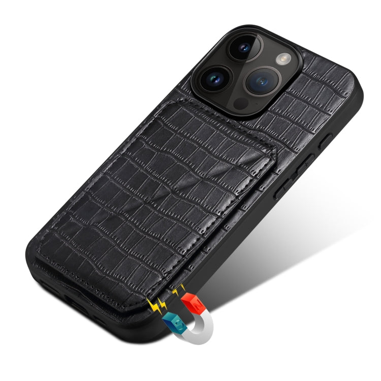Para iPhone 15 Funda Trasera para Teléfono de Piel de Cocodrilo de Imitación con Soporte (Negro) - MOVILSTORE