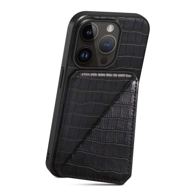 Para iPhone 15 Funda Trasera para Teléfono de Piel de Cocodrilo de Imitación con Soporte (Negro) - MOVILSTORE