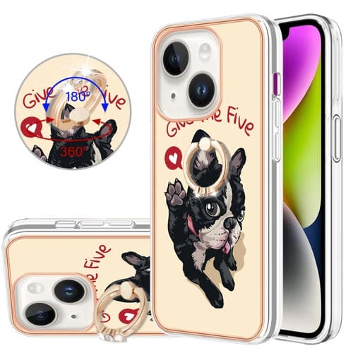 Para iPhone 15 Galvanoplastia Caja de Teléfono Imd de Doble Cara con Soporte para Anillo (Perro de la Suerte) - MOVILSTORE