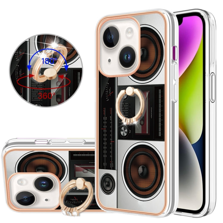Para iPhone 15 Galvanoplastia Caja de Teléfono Imd de Doble Cara con Soporte para Anillo (Radio Retro) - MOVILSTORE